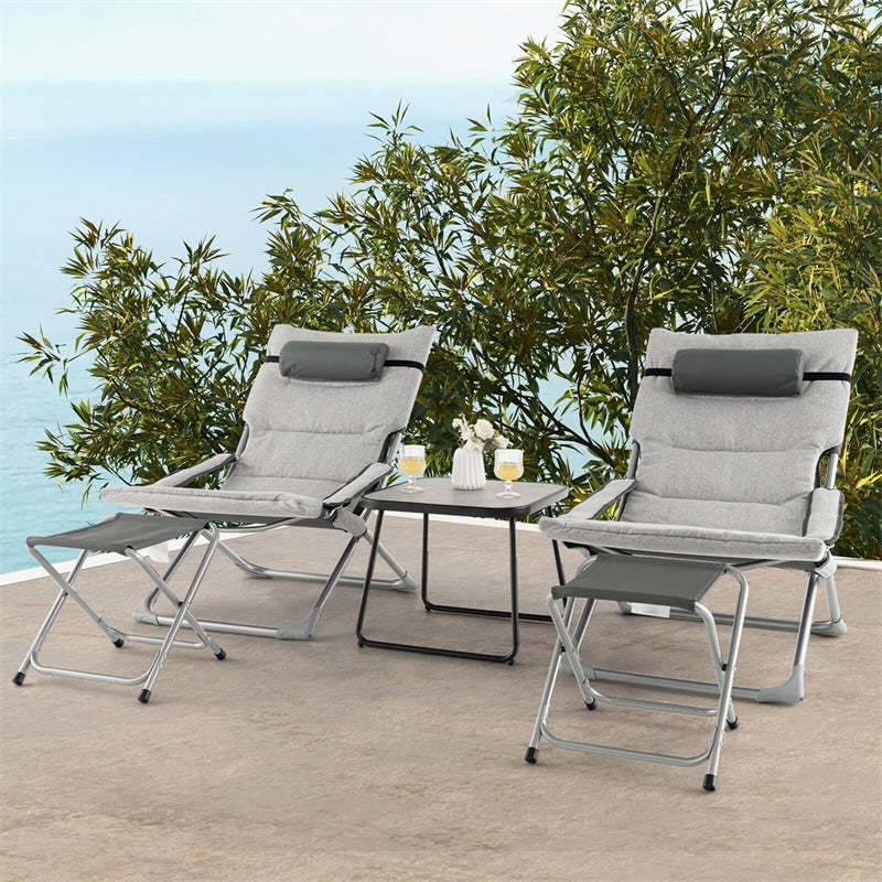 5PCS Patio Sling Chair Set, Folding Lounge Chairs with Ottoman, Coffee Table, Removable Cushion & Headrest, Portable Outdoor Reclining Set for Balcony