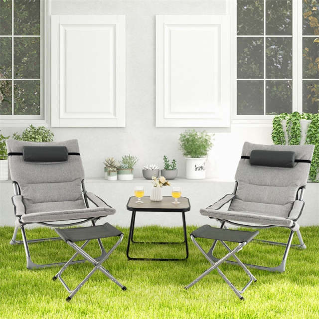 5PCS Patio Sling Chair Set, Folding Lounge Chairs with Ottoman, Coffee Table, Removable Cushion & Headrest, Portable Outdoor Reclining Set for Balcony