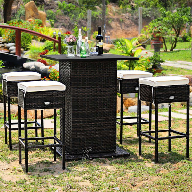 5 Piece Wicke Patio Bar Set Rattan Garden Bar Furniture Set with 4 Cushioned Stools & Hidden 2-Tier Storage Shelf