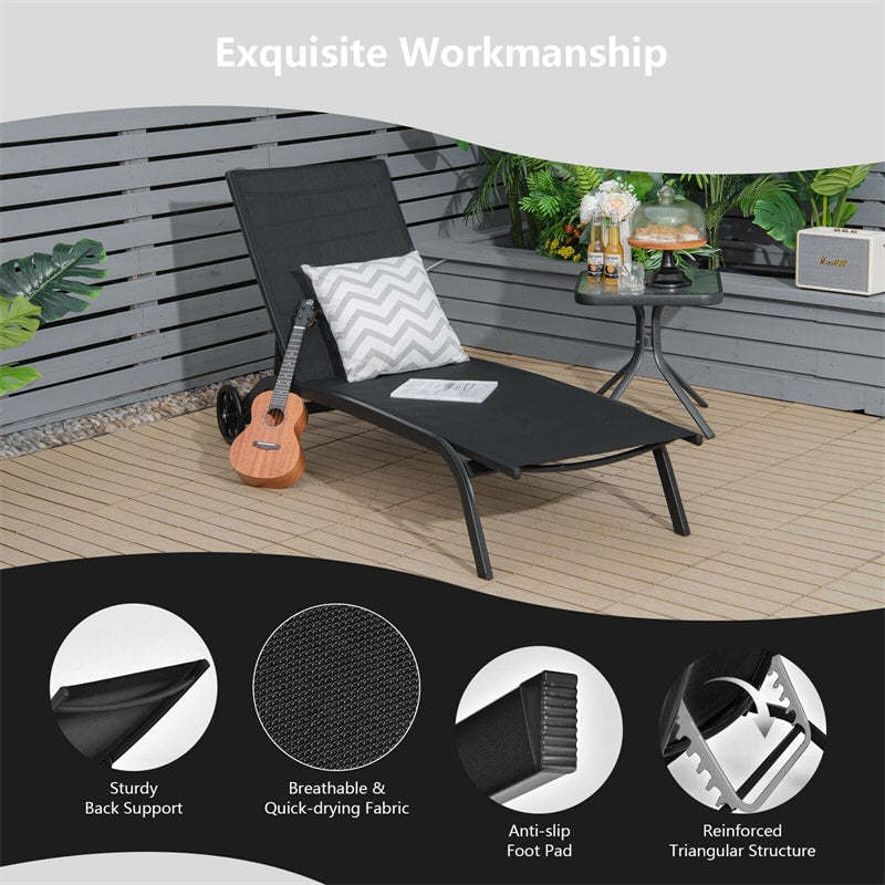 Outdoor Chaise Lounge Chair with 6-Position Adjustable Backrest & Wheels, Quick-Drying Fabric Patio Reclining Sun Lounger for Poolside, Backyard