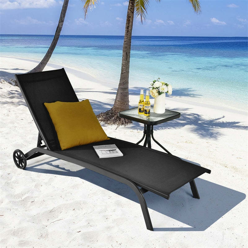 Outdoor Chaise Lounge Chair with 6-Position Adjustable Backrest & Wheels, Quick-Drying Fabric Patio Reclining Sun Lounger for Poolside, Backyard