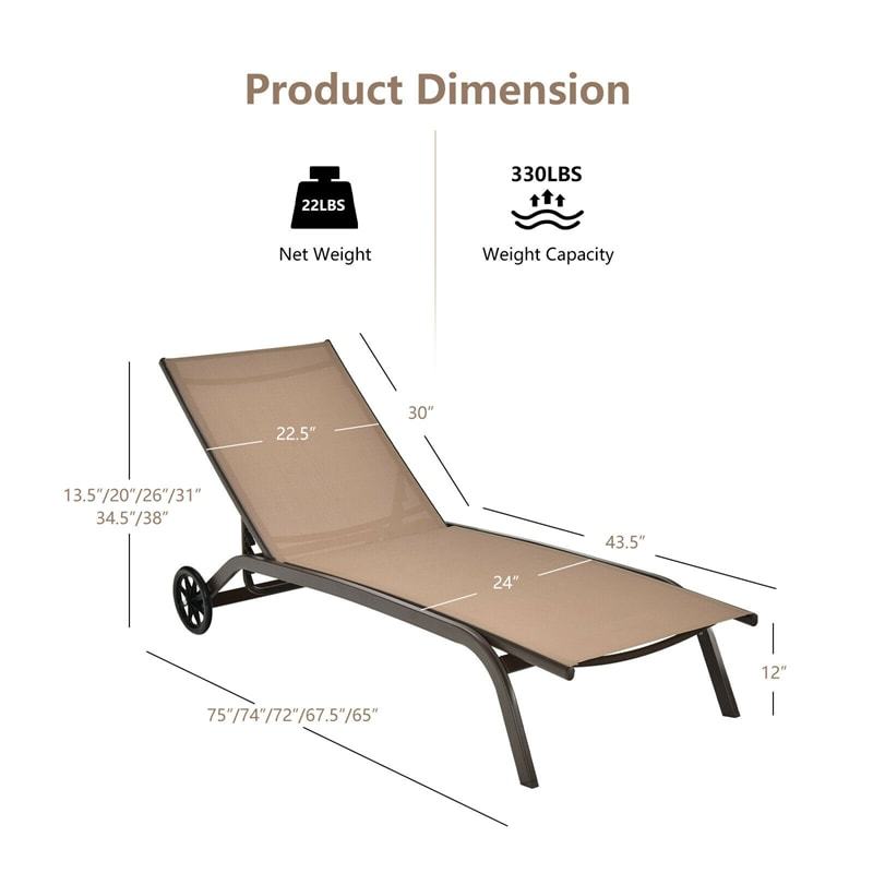 Outdoor Chaise Lounge Chair with 6-Position Adjustable Backrest & Wheels, Quick-Drying Fabric Patio Reclining Sun Lounger for Poolside, Backyard