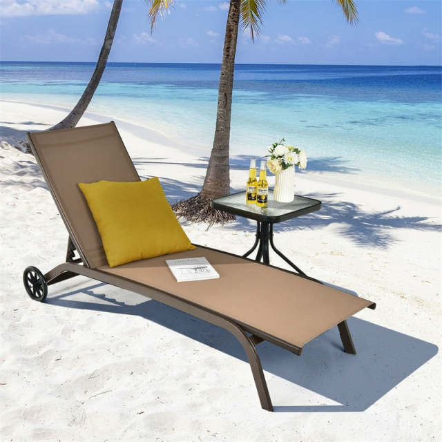 Outdoor Chaise Lounge Chair with 6-Position Adjustable Backrest & Wheels, Quick-Drying Fabric Patio Reclining Sun Lounger for Poolside, Backyard