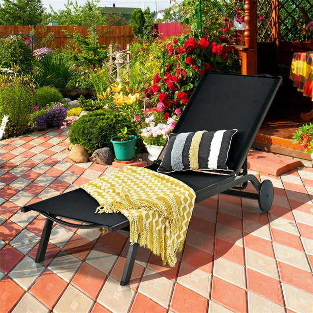 Outdoor Aluminum Chaise Lounge with 2 Large Wheels & 6-Position Adjustable Backrest, Patio Reclining Lounge Chair for Poolside, Backyard