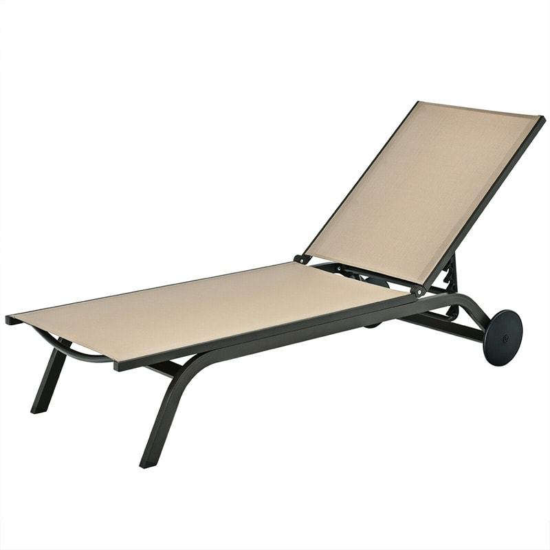 Outdoor Aluminum Chaise Lounge with 2 Large Wheels & 6-Position Adjustable Backrest, Patio Reclining Lounge Chair for Poolside, Backyard