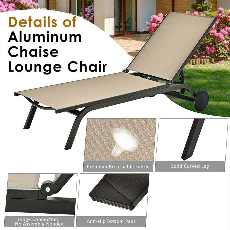 Outdoor Aluminum Chaise Lounge with 2 Large Wheels & 6-Position Adjustable Backrest, Patio Reclining Lounge Chair for Poolside, Backyard