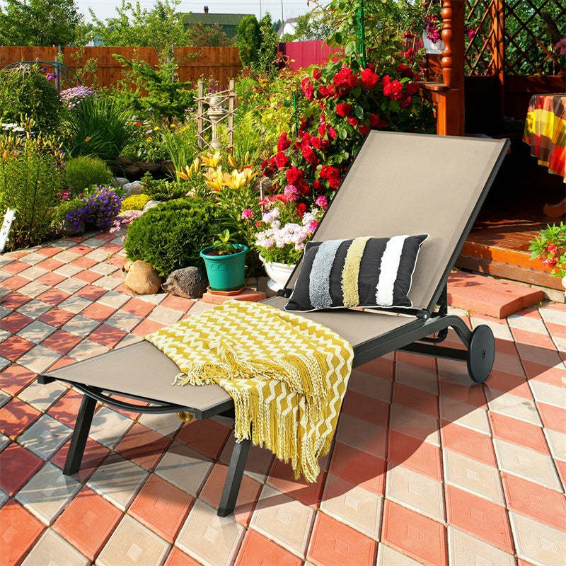 Outdoor Aluminum Chaise Lounge with 2 Large Wheels & 6-Position Adjustable Backrest, Patio Reclining Lounge Chair for Poolside, Backyard