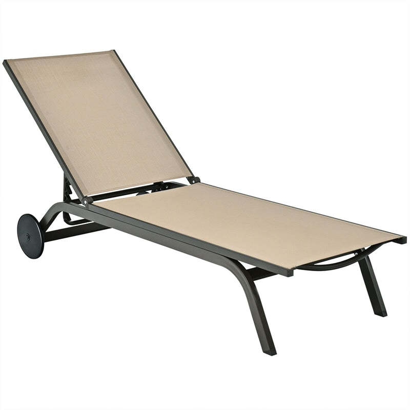Outdoor Aluminum Chaise Lounge with 2 Large Wheels & 6-Position Adjustable Backrest, Patio Reclining Lounge Chair for Poolside, Backyard