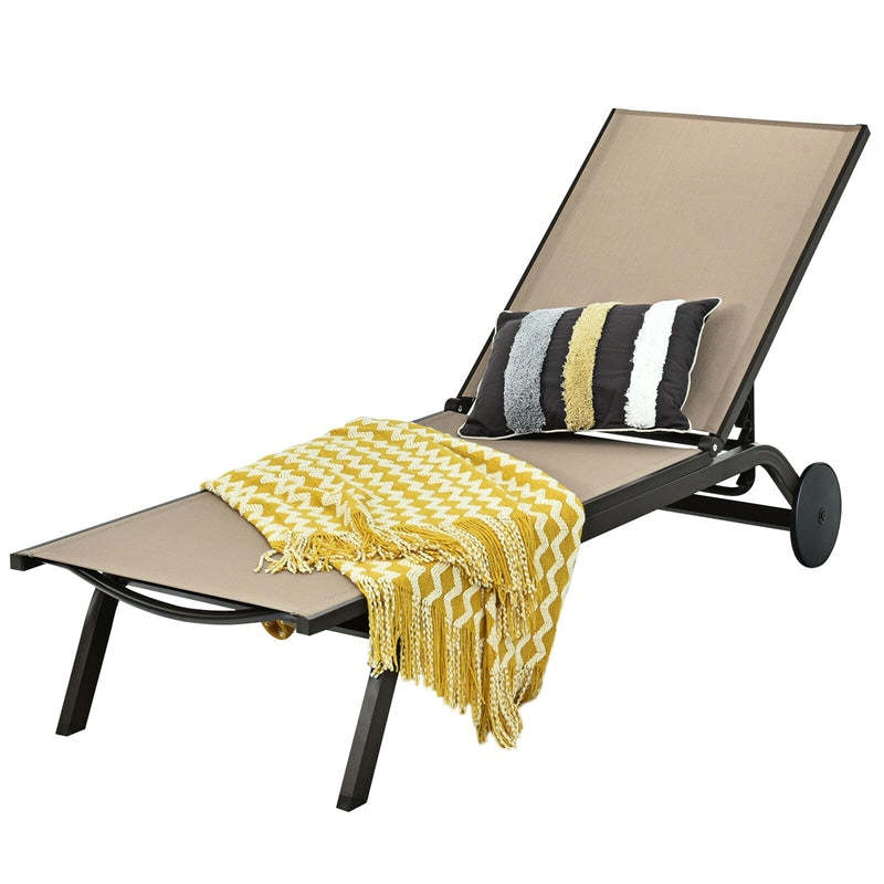 Outdoor Aluminum Chaise Lounge with 2 Large Wheels & 6-Position Adjustable Backrest, Patio Reclining Lounge Chair for Poolside, Backyard