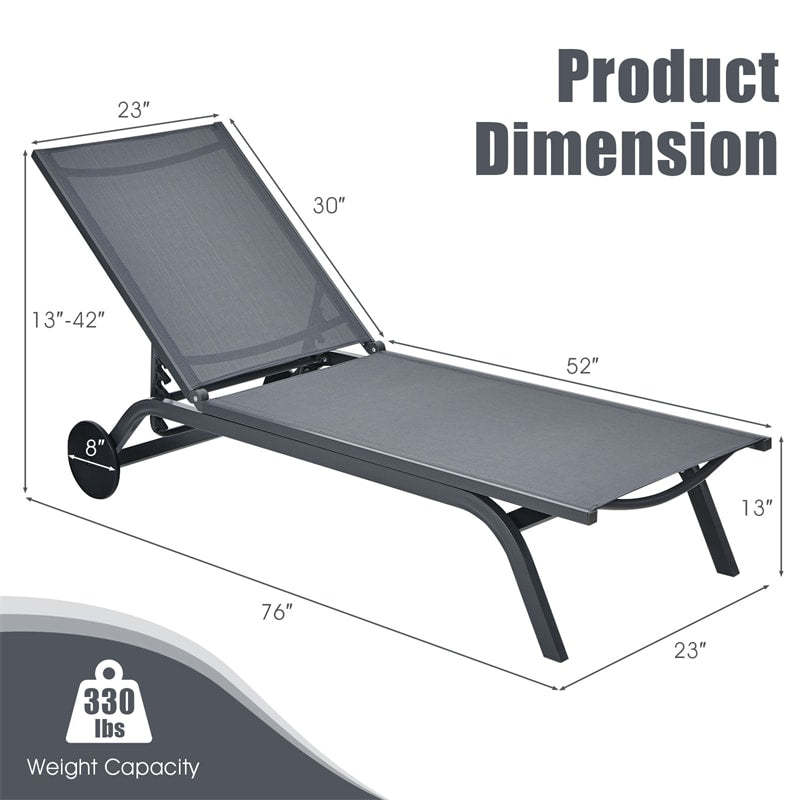 Outdoor Aluminum Chaise Lounge with 2 Large Wheels & 6-Position Adjustable Backrest, Patio Reclining Lounge Chair for Poolside, Backyard