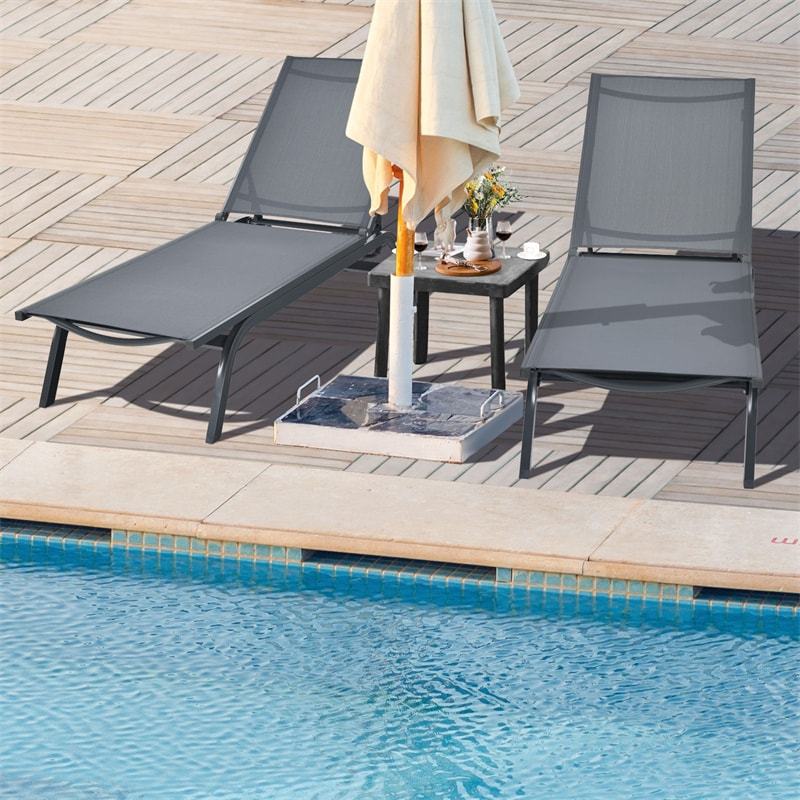 Outdoor Aluminum Chaise Lounge with 2 Large Wheels & 6-Position Adjustable Backrest, Patio Reclining Lounge Chair for Poolside, Backyard