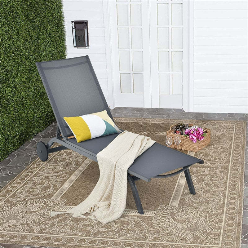 Outdoor Aluminum Chaise Lounge with 2 Large Wheels & 6-Position Adjustable Backrest, Patio Reclining Lounge Chair for Poolside, Backyard
