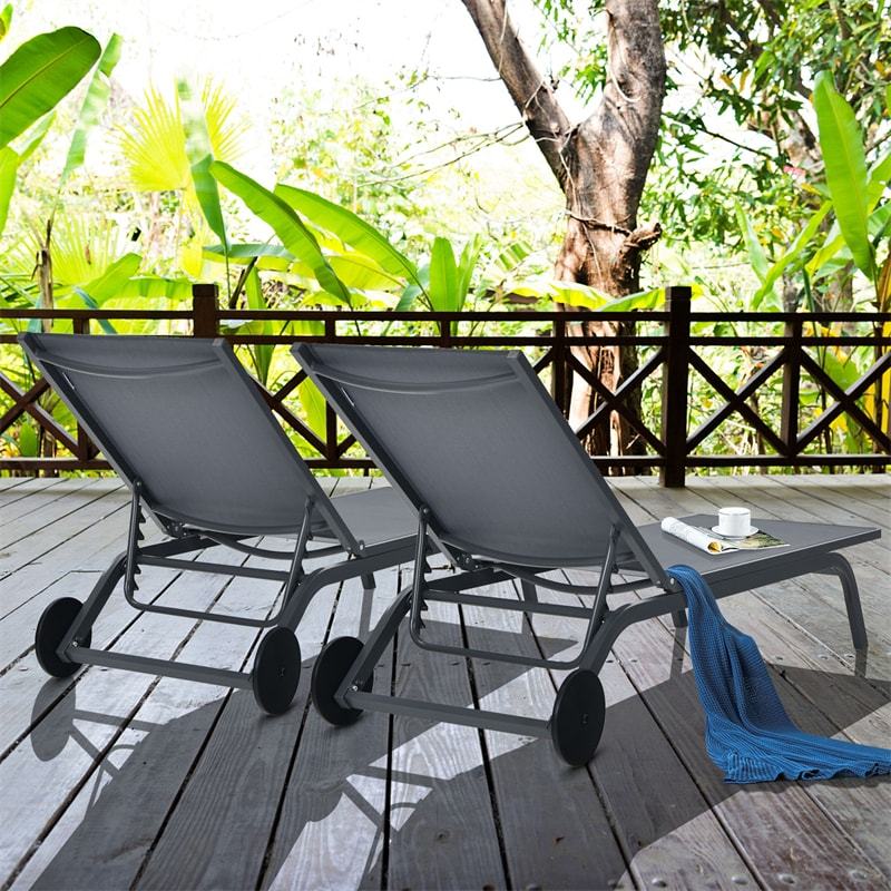 Outdoor Aluminum Chaise Lounge with 2 Large Wheels & 6-Position Adjustable Backrest, Patio Reclining Lounge Chair for Poolside, Backyard