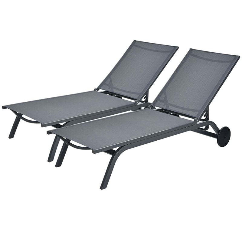 Outdoor Aluminum Chaise Lounge with 2 Large Wheels & 6-Position Adjustable Backrest, Patio Reclining Lounge Chair for Poolside, Backyard