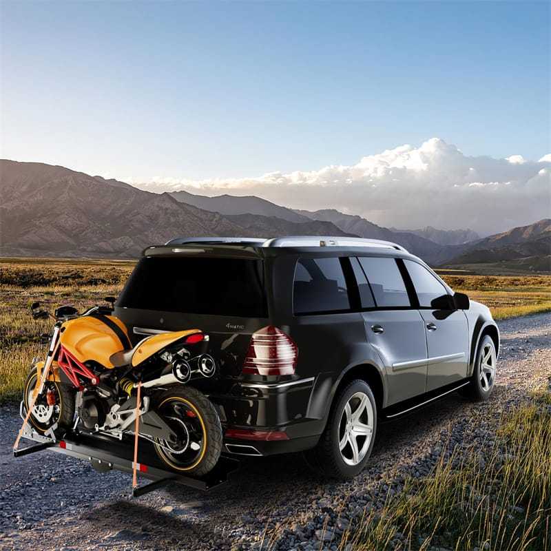 Motorcycle Hitch Carrier, 600LBS Heavy Duty Steel Hitch Bike Rack with Loading Ramp, Ratchet Straps & Wheel Chock for Dirt Bikes, Cars, Trucks, SUVs