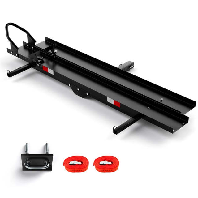 Motorcycle Hitch Carrier, 600LBS Heavy Duty Steel Hitch Bike Rack with Loading Ramp, Ratchet Straps & Wheel Chock for Dirt Bikes, Cars, Trucks, SUVs