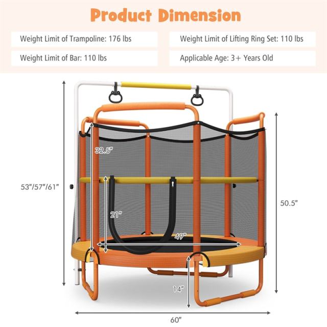 60" Mini Kids Trampoline, ASTM Approved Indoor Outdoor Toddler Trampoline with Swinging Rings, Adjustable Horizontal Bar & Safety Enclosure Net