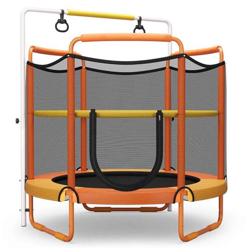 60" Mini Kids Trampoline, ASTM Approved Indoor Outdoor Toddler Trampoline with Swinging Rings, Adjustable Horizontal Bar & Safety Enclosure Net