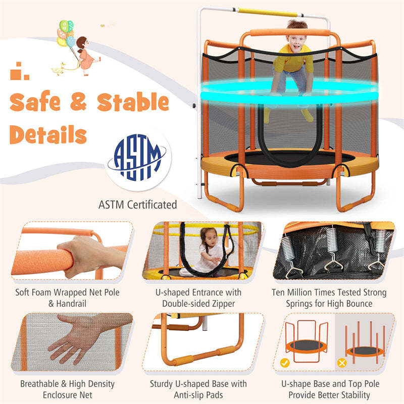 60" Mini Kids Trampoline, ASTM Approved Indoor Outdoor Toddler Trampoline with Swinging Rings, Adjustable Horizontal Bar & Safety Enclosure Net