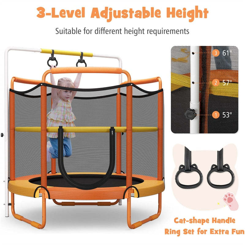 60" Mini Kids Trampoline, ASTM Approved Indoor Outdoor Toddler Trampoline with Swinging Rings, Adjustable Horizontal Bar & Safety Enclosure Net