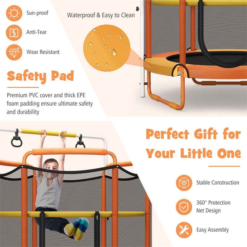60" Mini Kids Trampoline, ASTM Approved Indoor Outdoor Toddler Trampoline with Swinging Rings, Adjustable Horizontal Bar & Safety Enclosure Net