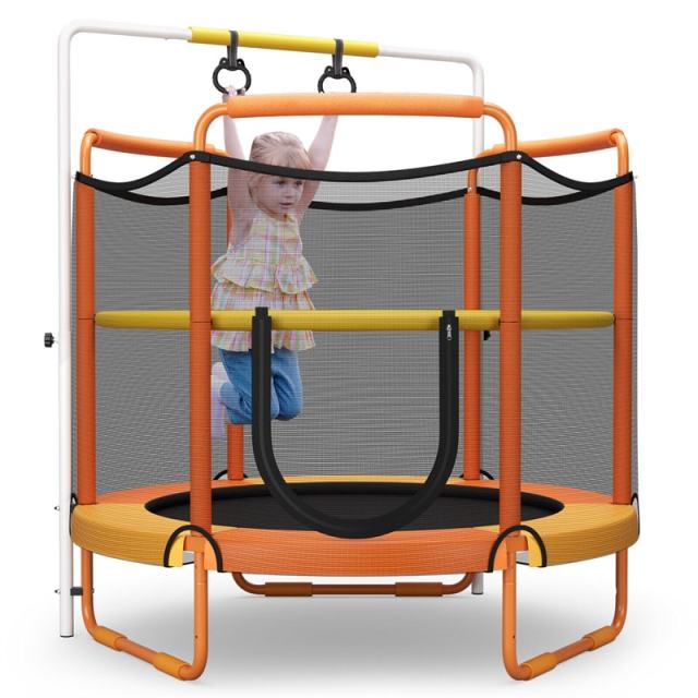 60" Mini Kids Trampoline, ASTM Approved Indoor Outdoor Toddler Trampoline with Swinging Rings, Adjustable Horizontal Bar & Safety Enclosure Net