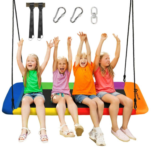 Giant 60" Platform Tree Swing with 2 Hanging Straps for Kids & Adults, Steel Frame Rectangle Saucer Swing for Indoor Outdoor Backyard