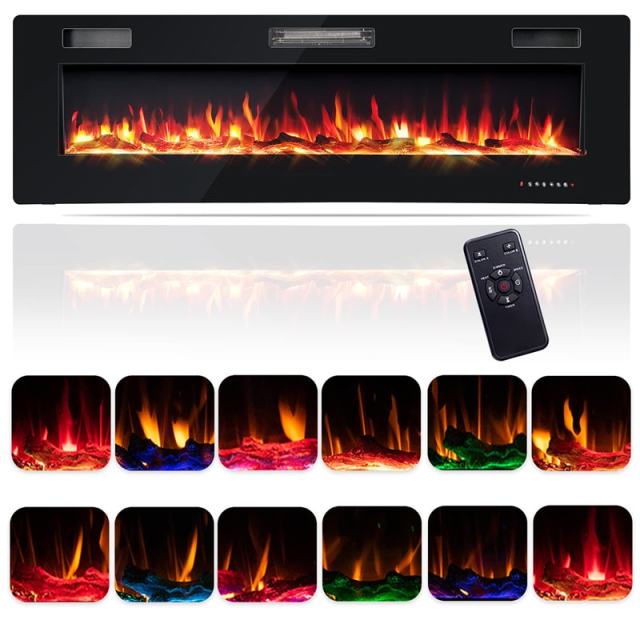 60" Ultra-Thin Electric Fireplace, Recessed & Wall Mounted Fireplace Heater with Log, Crystal Decoration, Remote Control, 8H Timer, Adjustable Flame