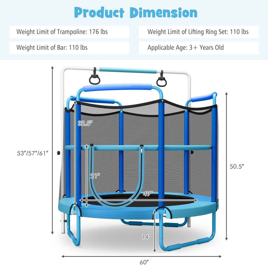 60" Mini Kids Trampoline, ASTM Approved Indoor Outdoor Toddler Trampoline with Swinging Rings, Adjustable Horizontal Bar & Safety Enclosure Net