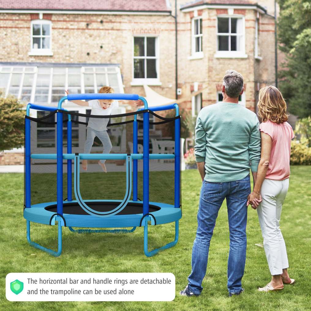 60" Mini Kids Trampoline, ASTM Approved Indoor Outdoor Toddler Trampoline with Swinging Rings, Adjustable Horizontal Bar & Safety Enclosure Net