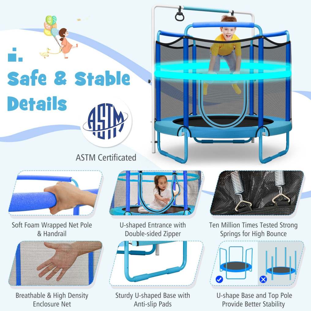 60" Mini Kids Trampoline, ASTM Approved Indoor Outdoor Toddler Trampoline with Swinging Rings, Adjustable Horizontal Bar & Safety Enclosure Net