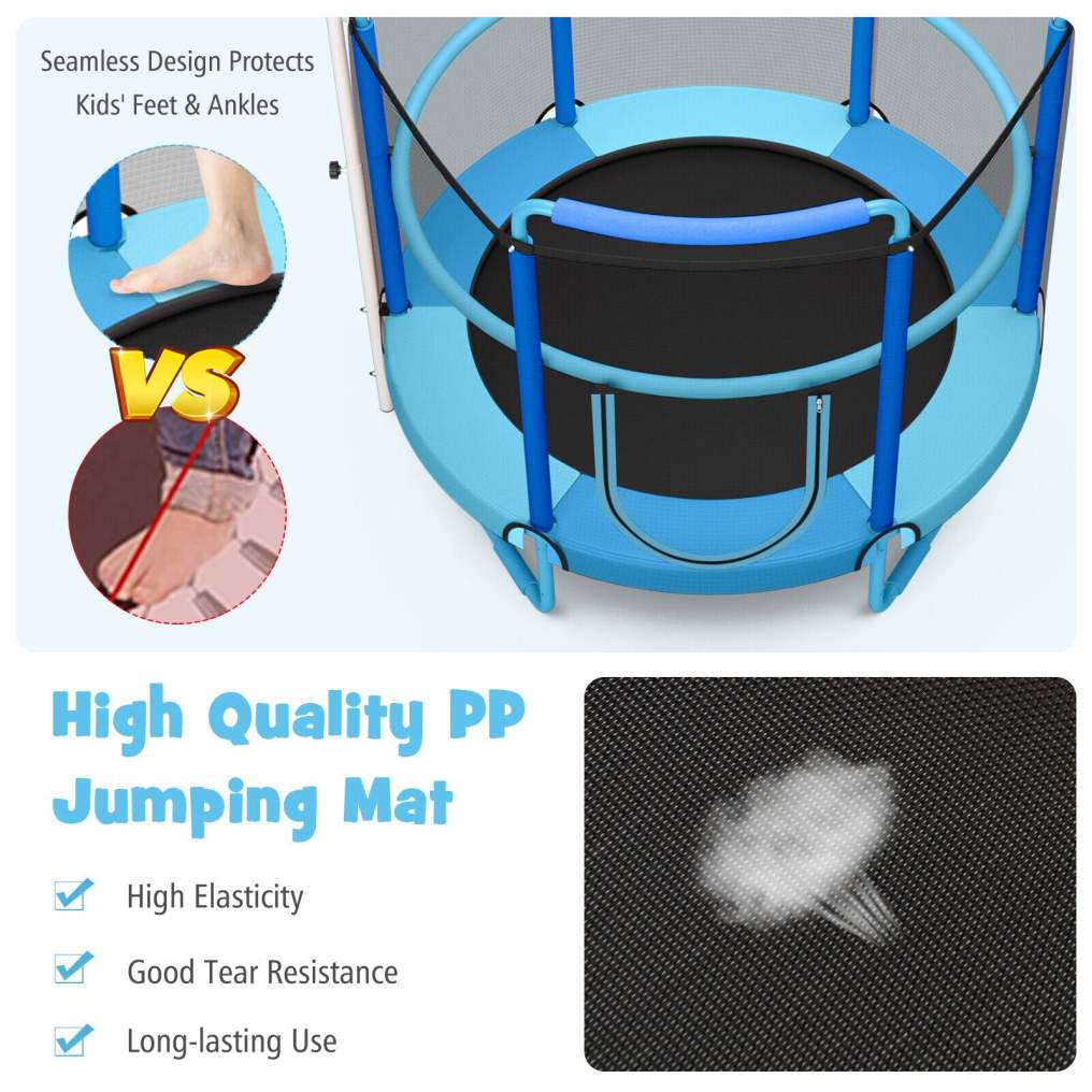 60" Mini Kids Trampoline, ASTM Approved Indoor Outdoor Toddler Trampoline with Swinging Rings, Adjustable Horizontal Bar & Safety Enclosure Net