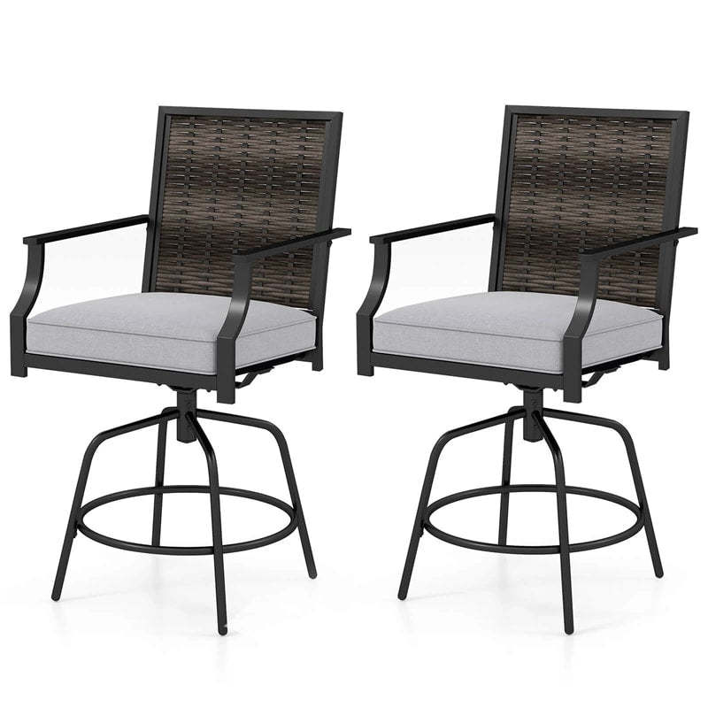 Outdoor PE Wicker Swivel Bar Stools Set of 2, Metal Counter Height Patio Chairs with Back & Cushions for Patio, Backyard & Poolside