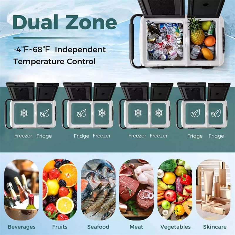 12V Dual Zone Car Refrigerator On Wheels 64Qt Portable Car Fridge Freezer for RV Camping with Touch Control Panel, ECO Mode, Reversible Lids