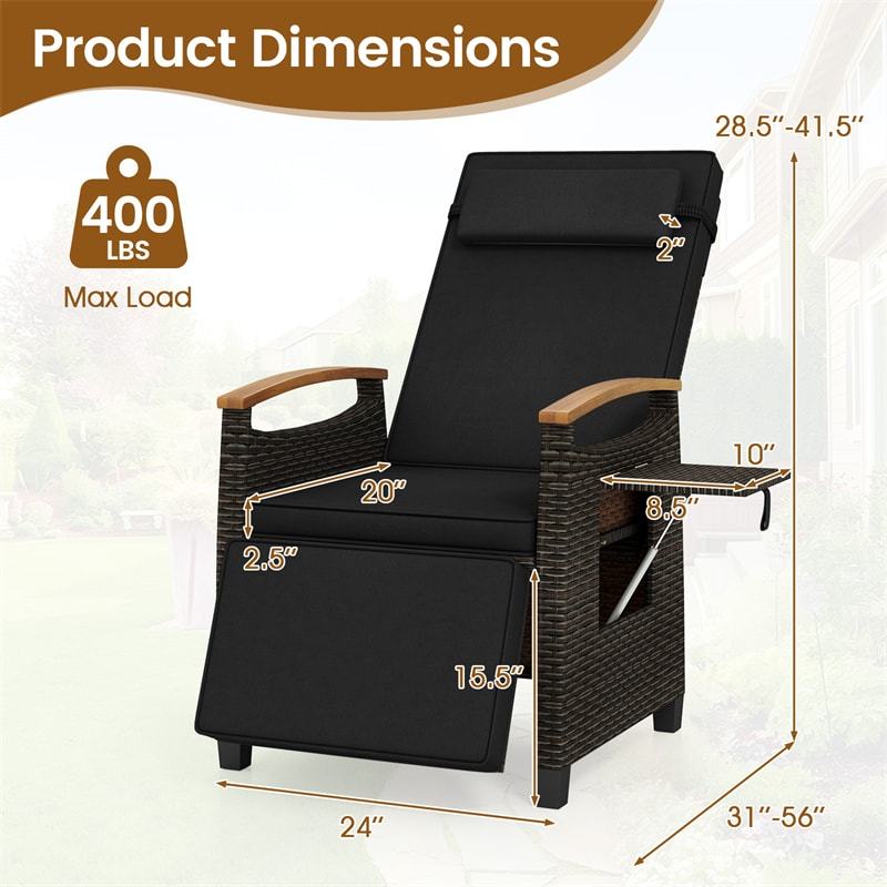 Outdoor Wicker Recliner Chair with Adjustable Backrest, Footrest, Flip Side Table & Cushion, Patio Rattan Chaise Lounge for Backyard Porch