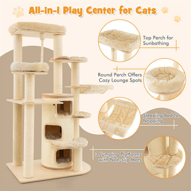 67" Tall Cat Tree, Modern Multi-Level Cat Tower with 3-Story Condo, 2 Perch, Hammock, Sisal Posts & Hanging Play Rope for Large Indoor Cats 20 lbs