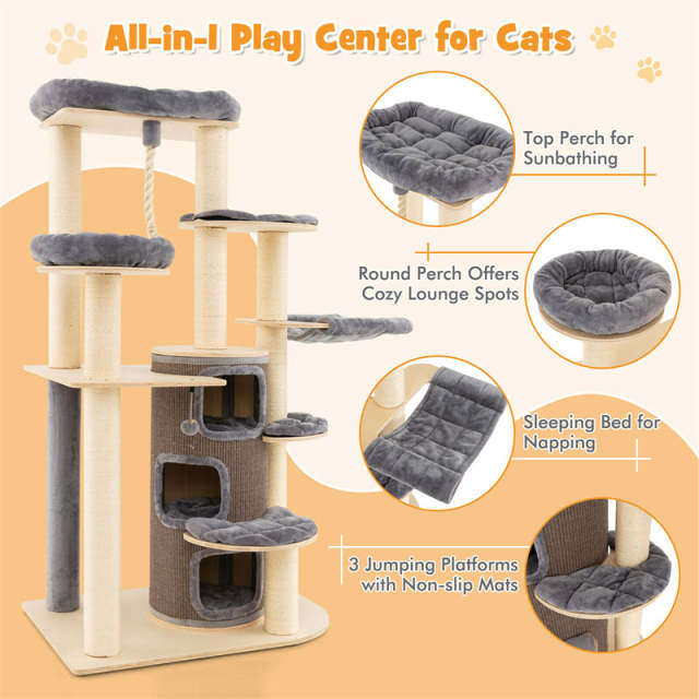 67" Tall Cat Tree, Modern Multi-Level Cat Tower with 3-Story Condo, 2 Perch, Hammock, Sisal Posts & Hanging Play Rope for Large Indoor Cats 20 lbs
