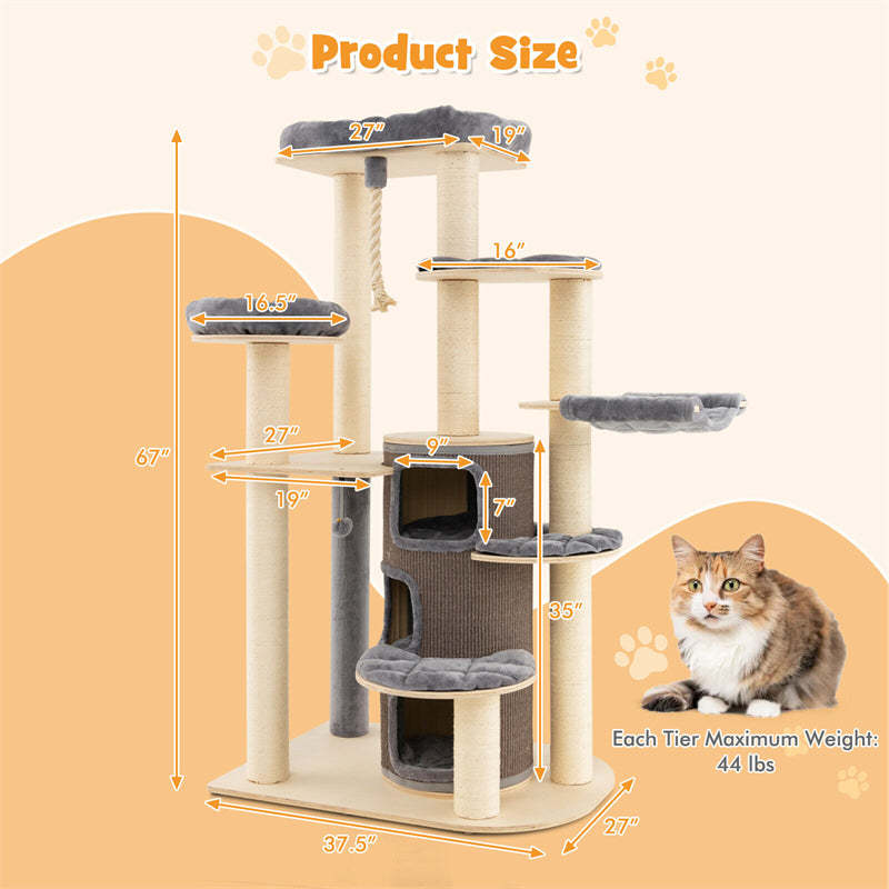 67" Tall Cat Tree, Modern Multi-Level Cat Tower with 3-Story Condo, 2 Perch, Hammock, Sisal Posts & Hanging Play Rope for Large Indoor Cats 20 lbs