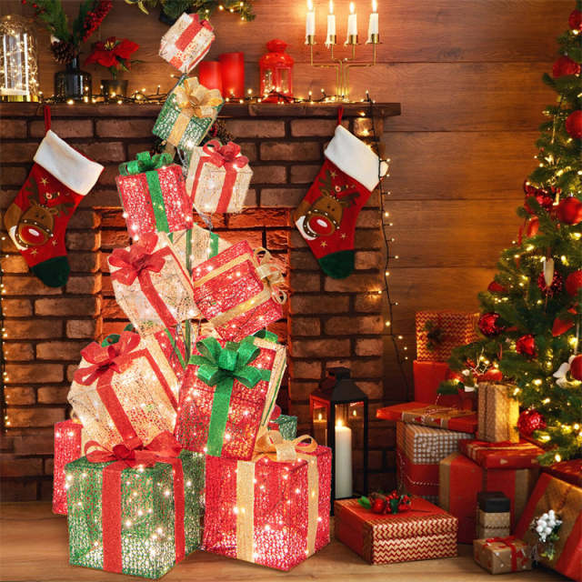 5.6FT Christmas Lighted Gift Box Tower, 15 Stacked Pre-Lit Gift Boxes with 450 Warm White Lights & Metal Base for Outdoor Indoor Holiday Decor