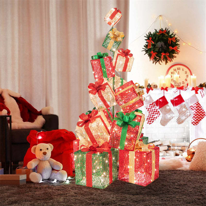 5.6FT Christmas Lighted Gift Box Tower, 15 Stacked Pre-Lit Gift Boxes with 450 Warm White Lights & Metal Base for Outdoor Indoor Holiday Decor