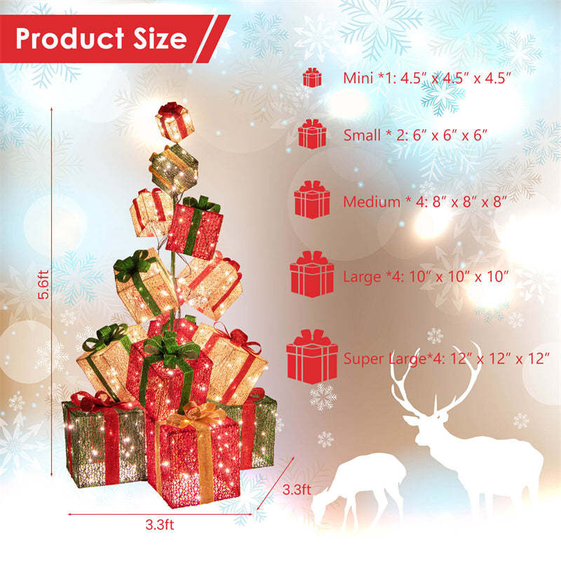 5.6FT Christmas Lighted Gift Box Tower, 15 Stacked Pre-Lit Gift Boxes with 450 Warm White Lights & Metal Base for Outdoor Indoor Holiday Decor