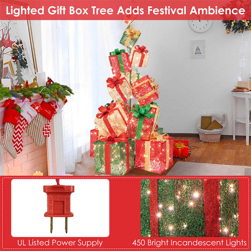 5.6FT Christmas Lighted Gift Box Tower, 15 Stacked Pre-Lit Gift Boxes with 450 Warm White Lights & Metal Base for Outdoor Indoor Holiday Decor