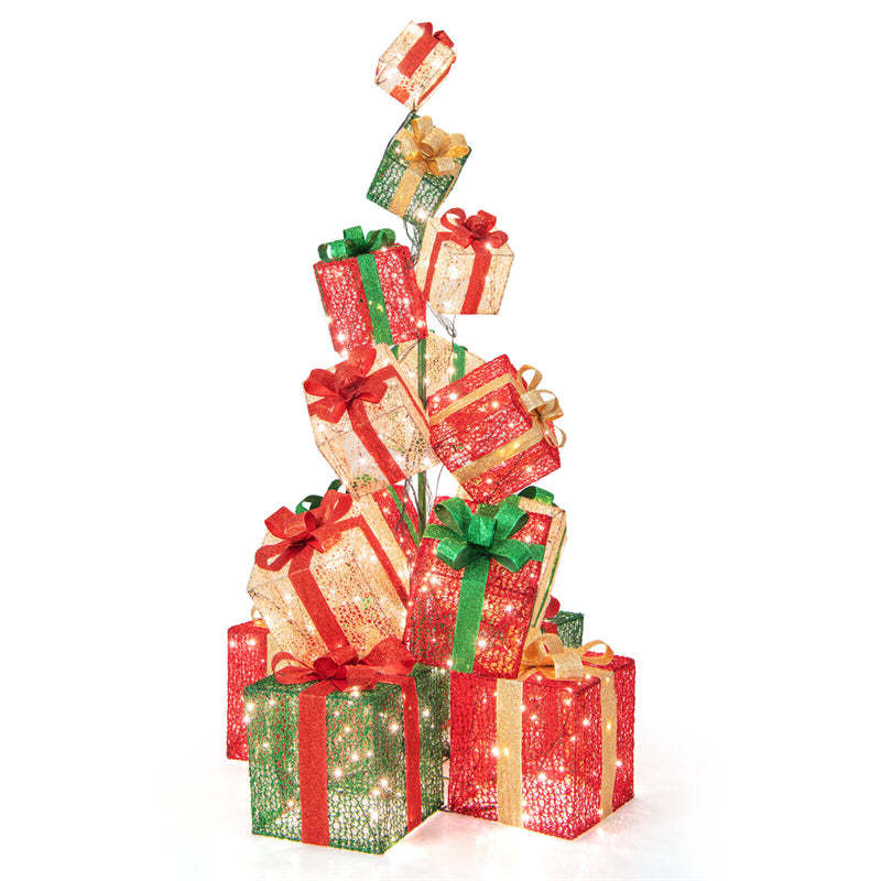 5.6FT Christmas Lighted Gift Box Tower, 15 Stacked Pre-Lit Gift Boxes with 450 Warm White Lights & Metal Base for Outdoor Indoor Holiday Decor