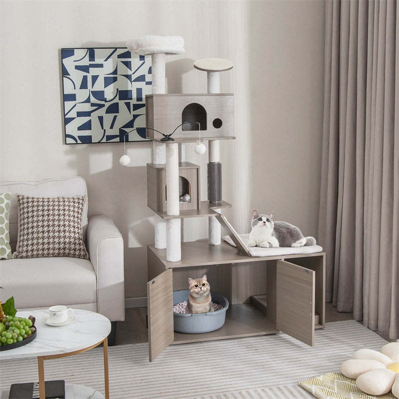 68" Tall Cat Tree Cat 2-in-1 Modern Cat Tower with Hidden Litter Box Enclosure 2 Comfy Cat Condos & Large Platform for Indoor Cats