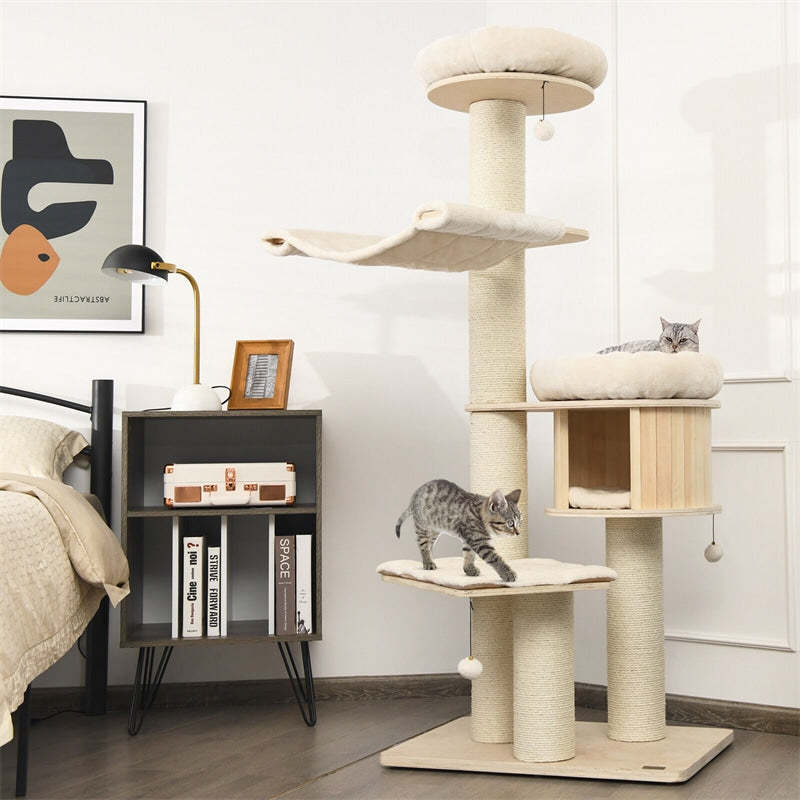 68.5" Tall Cat Tree, Multi-Level Modern Cat Tower with Sisal Scratching Posts, Condo, Hammock, Jingling Balls, Washable Cushions for Large Indoor Cats