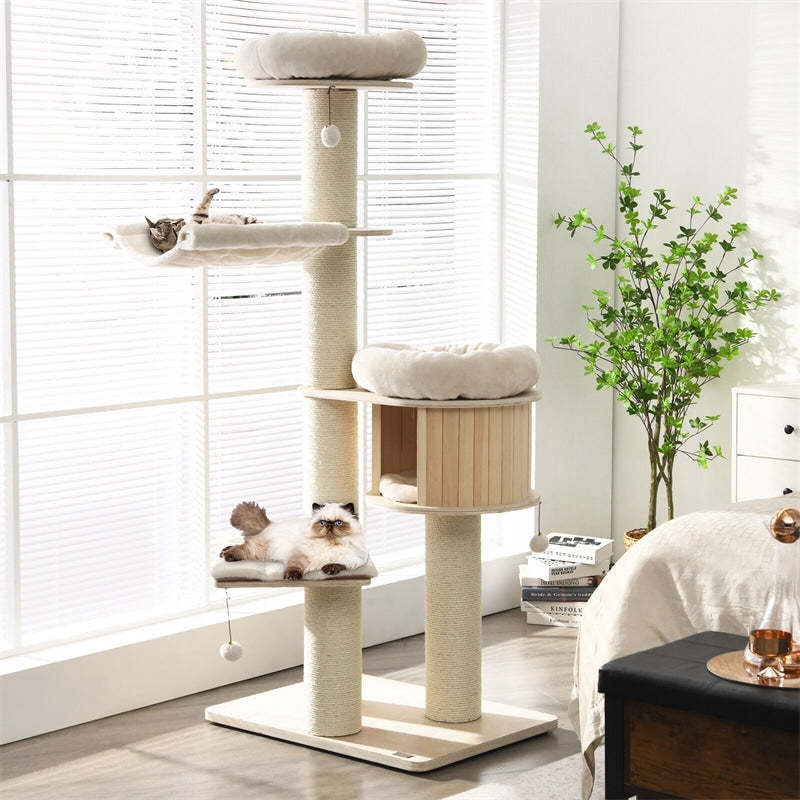 68.5" Tall Cat Tree, Multi-Level Modern Cat Tower with Sisal Scratching Posts, Condo, Hammock, Jingling Balls, Washable Cushions for Large Indoor Cats