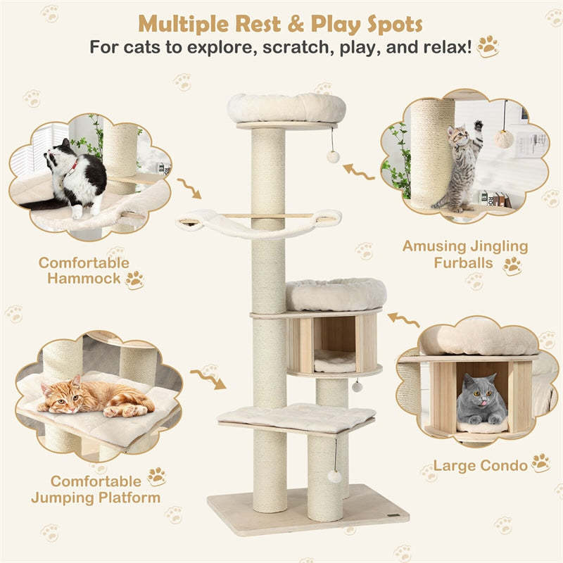 68.5" Tall Cat Tree, Multi-Level Modern Cat Tower with Sisal Scratching Posts, Condo, Hammock, Jingling Balls, Washable Cushions for Large Indoor Cats