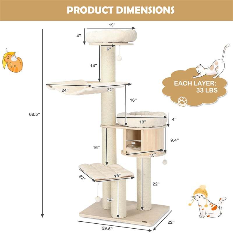 68.5" Tall Cat Tree, Multi-Level Modern Cat Tower with Sisal Scratching Posts, Condo, Hammock, Jingling Balls, Washable Cushions for Large Indoor Cats