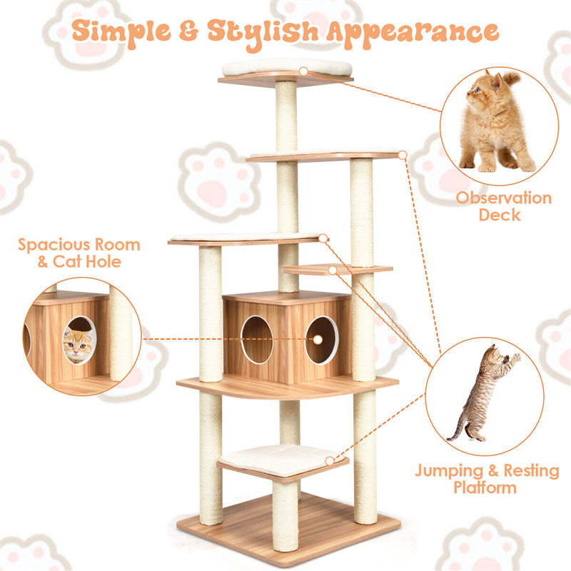 69" Tall Cat Tree Modern Cat Tower Multi-level Kitten Activity Tower with Cat Condo, Sisal Scratching Posts & Plush Cushions