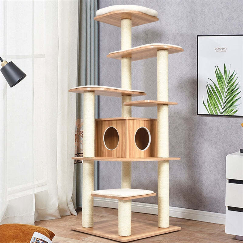 69" Tall Cat Tree Modern Cat Tower Multi-level Kitten Activity Tower with Cat Condo, Sisal Scratching Posts & Plush Cushions
